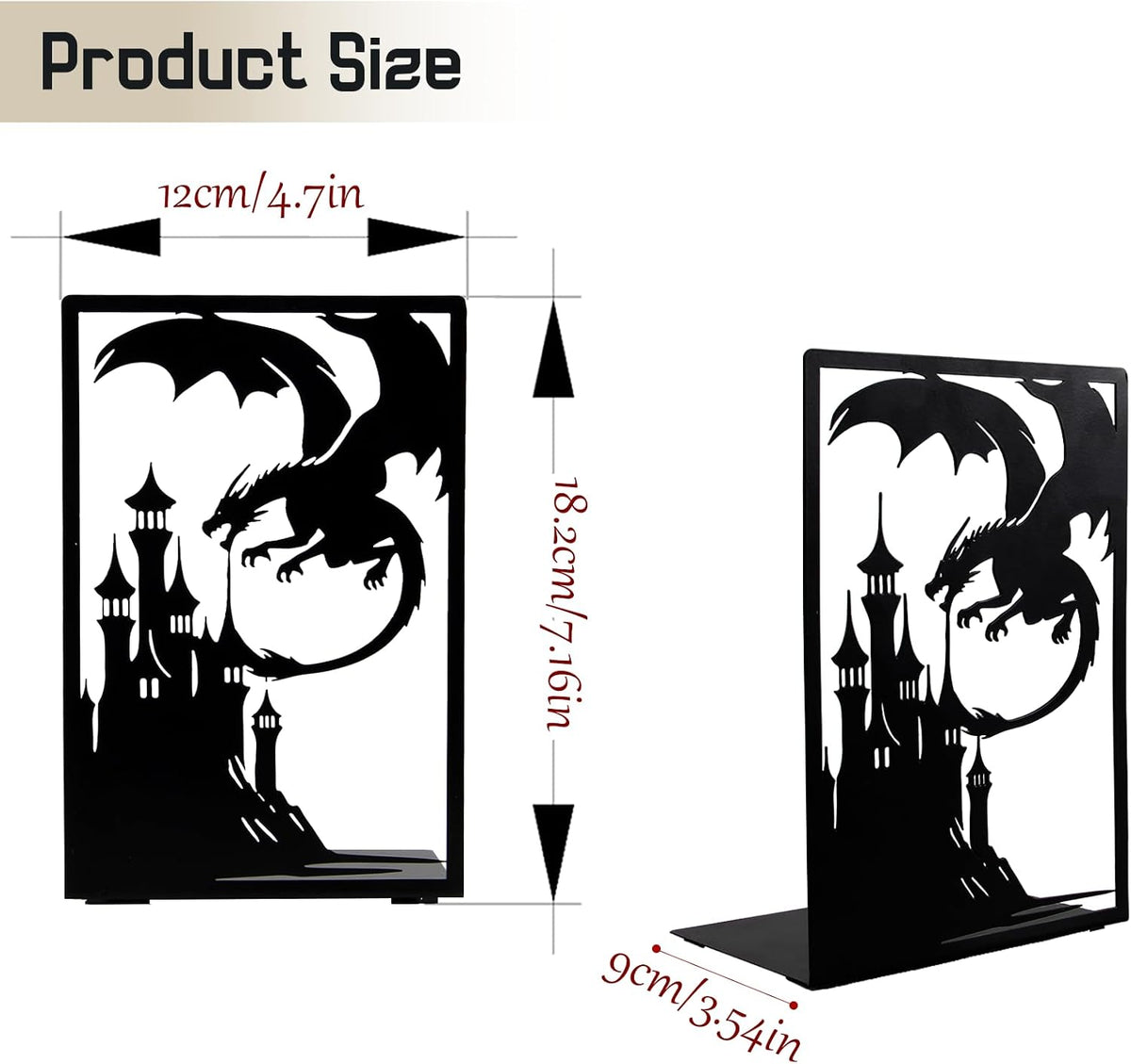 Gothic Dragon Bookends, Black Metal Castle Design, 7.1 x 4.7 Inch, Decorative Book Holders with Non-Slip Base, 2 Piece Set