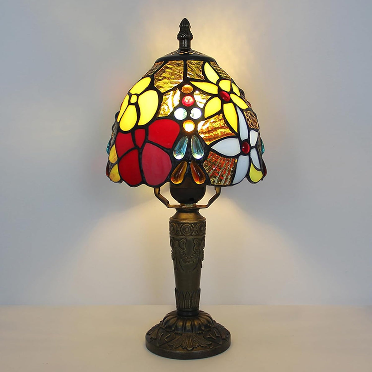 Tiffany Style Small Table Lamp,Rose Flower Stained Glass 3 Color Temperature Antique Table Lamps,Bedside Nightstand Lamp for Bedroom,Living Room,Home Office+LED Bulb,6X6X12.5Inch