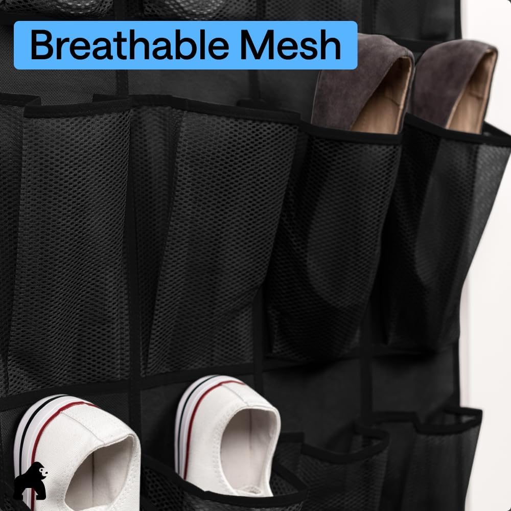 GORILLA GRIP Over the Door Shoe Organizer, 12 Large Pockets, Black