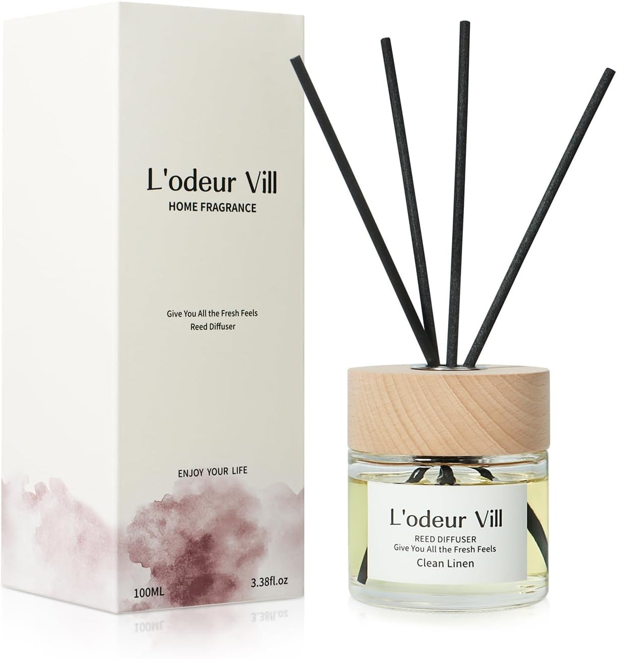 L'odeur Vill Reed Diffuser Set,Clean Linen 3.4 fl oz(100 ml) Oil Diffuser with 6 Reed Sticks, Home Fragrance Reed Diffuser for Bathroom Shelf Decor Scent Diffuser