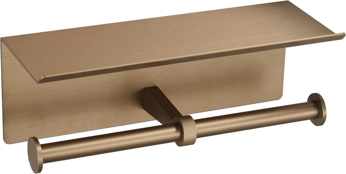 Double Toilet Paper Holder with Shelf Champagne Gold Wall Mount