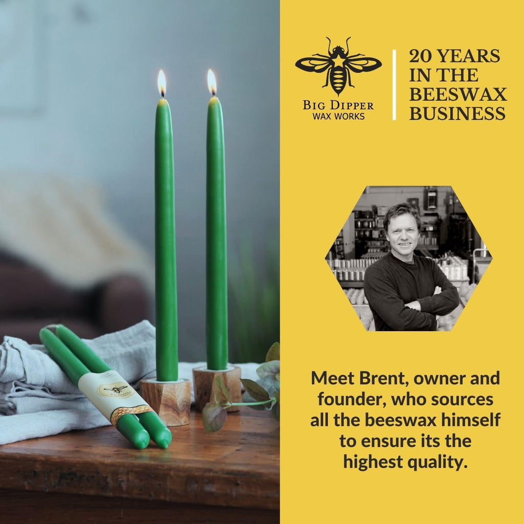 Big Dipper Wax Works 100% Beeswax Taper Candles, 12in, 2 Pack, Forest Green