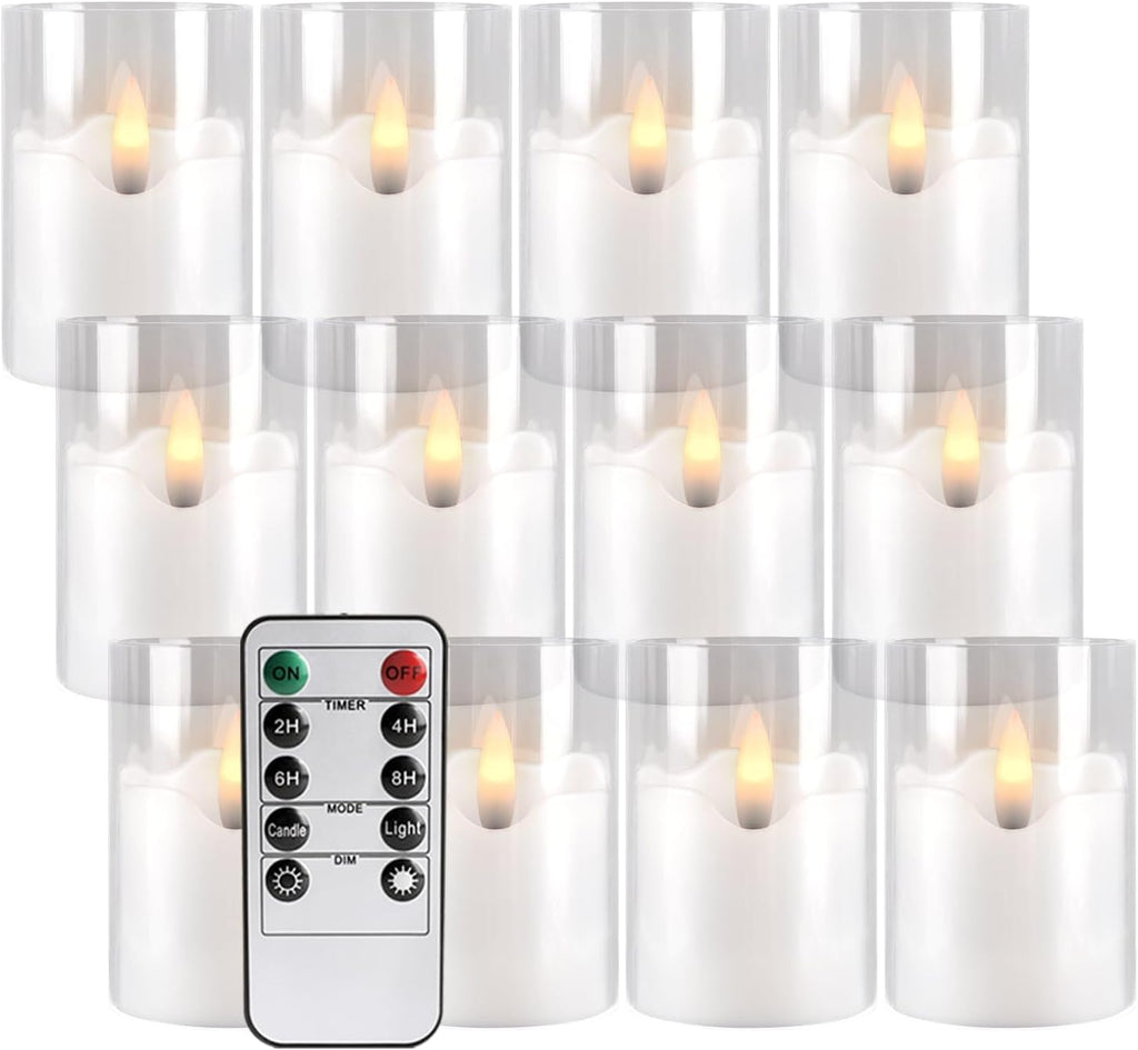 12Pcs Acrylic Flameless LED Tea Lights Candles with Remote Timer