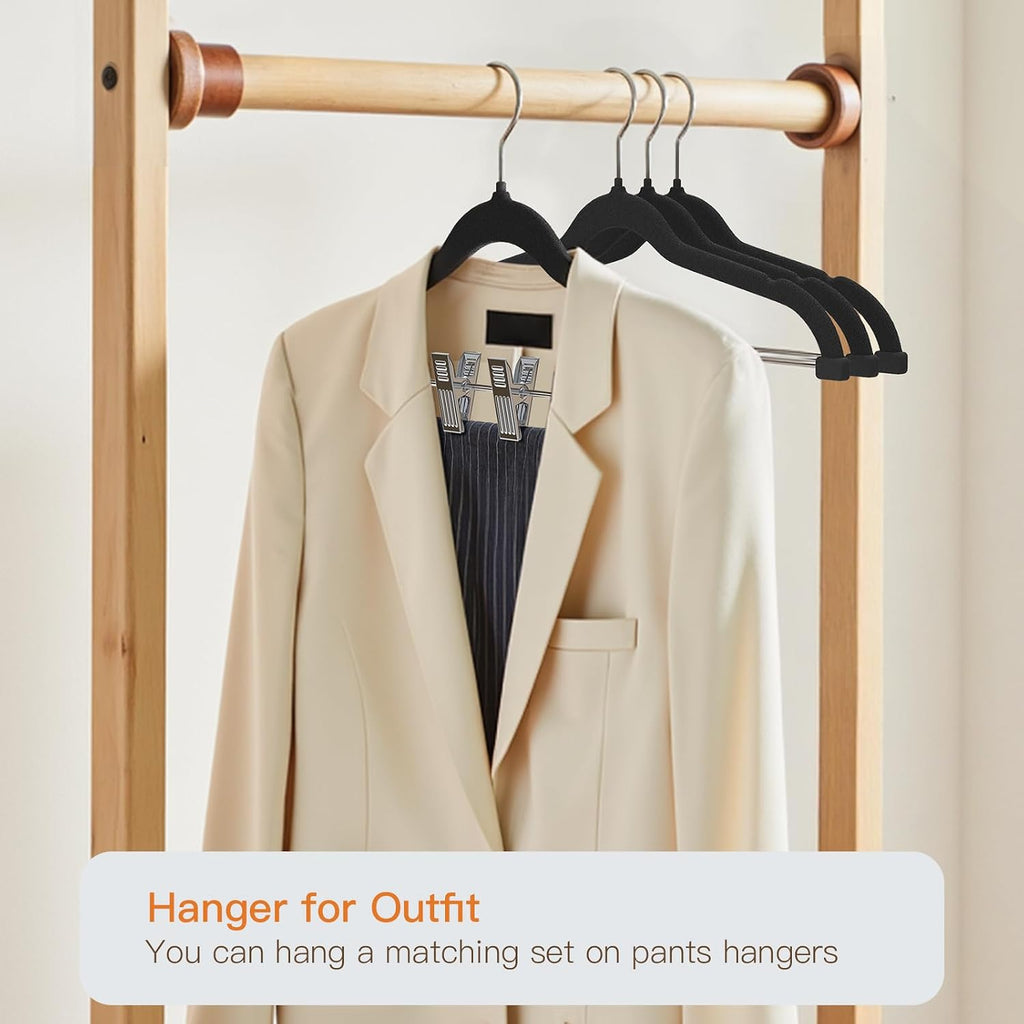 Flottian 24 Pack Black Velvet Pants Hanger,Velvet Hangers with Clips Adjustable,Space-Saving Slim Flocked Hanger,Heavy Duty Non Slip Hangers for Skirts,Coats,Pants,Dress