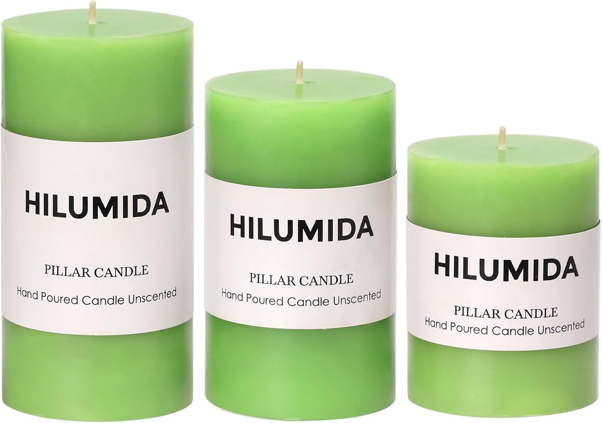 Green Pillar Candles Set of 3 - Spring Green Candles Decorations, Hand-Poured Unscented Candle, Smokeless Decorative Candle for Home, Set of 3 in Different Sizes (4", 5", 6")