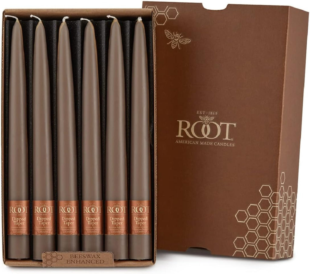 Root Candles Unscented Dinner Candles Premium Beeswax Blend Boxed Candle Set - Hand-Dipped Tapers, 9-Inch, Portobello, 12-Count