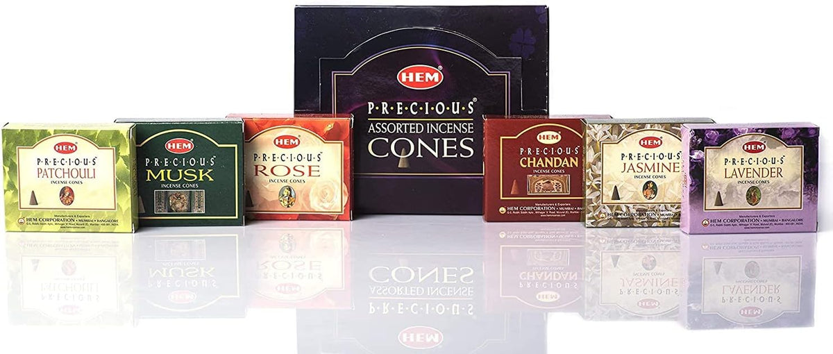 Precious Series Assortment of Six Scents - Total of 12 Boxes, 10 Cones Each - HEM Incense From India