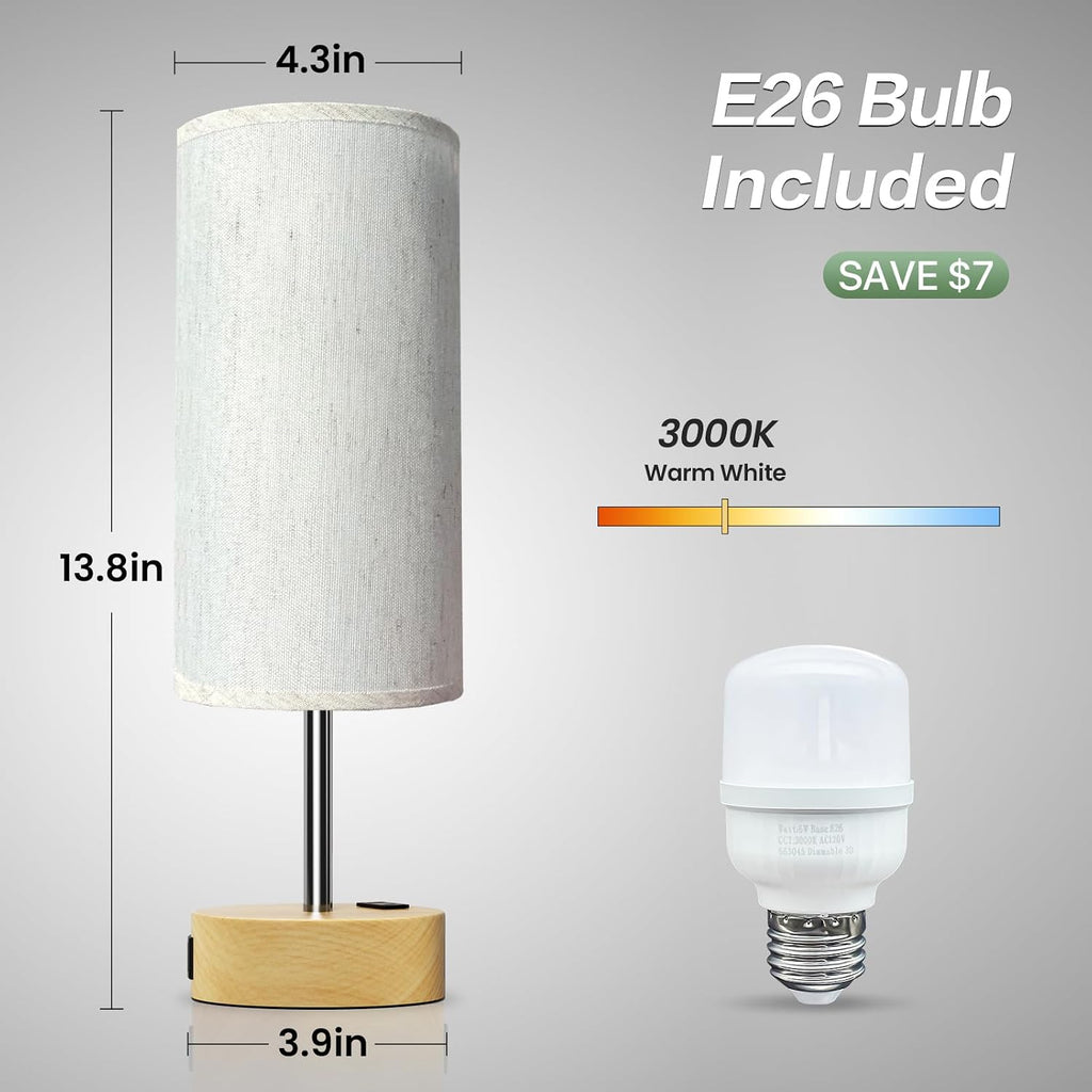 KPQ Bedside Lamp Touch Control Table Lamp with USB A+C Charging Ports & AC Outlet 3-Way Dimmable Nightstand Lamp with Linen Fabric Shade (Beige Shade-Wood Base, 14" Small Size Touch Control)