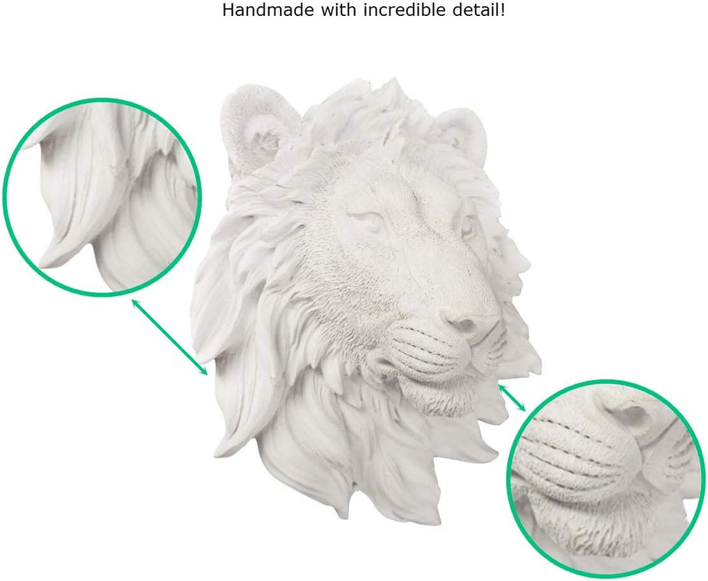 Wallcharmers Lions Head, 9", White Resin, Faux Taxidermy, Modern Decor
