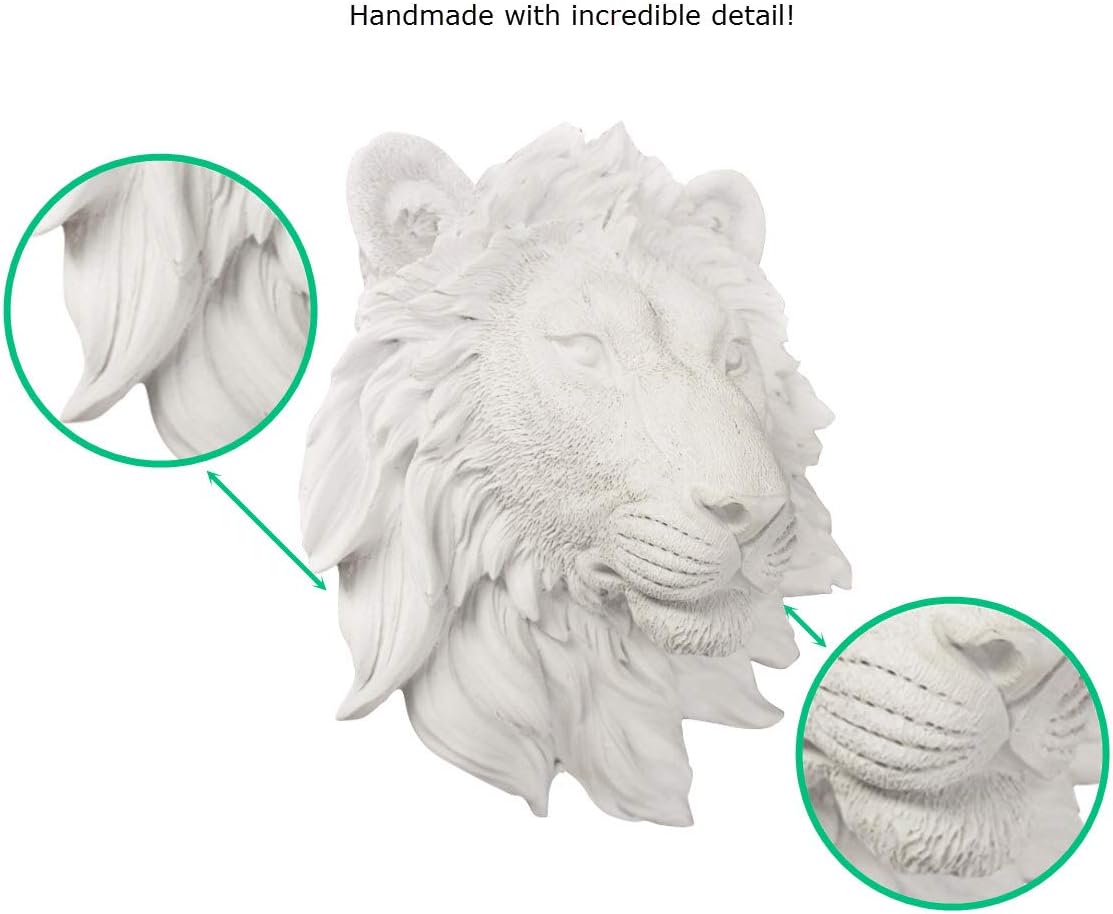 Wallcharmers Lions Head, 9", White Resin, Faux Taxidermy, Modern Decor