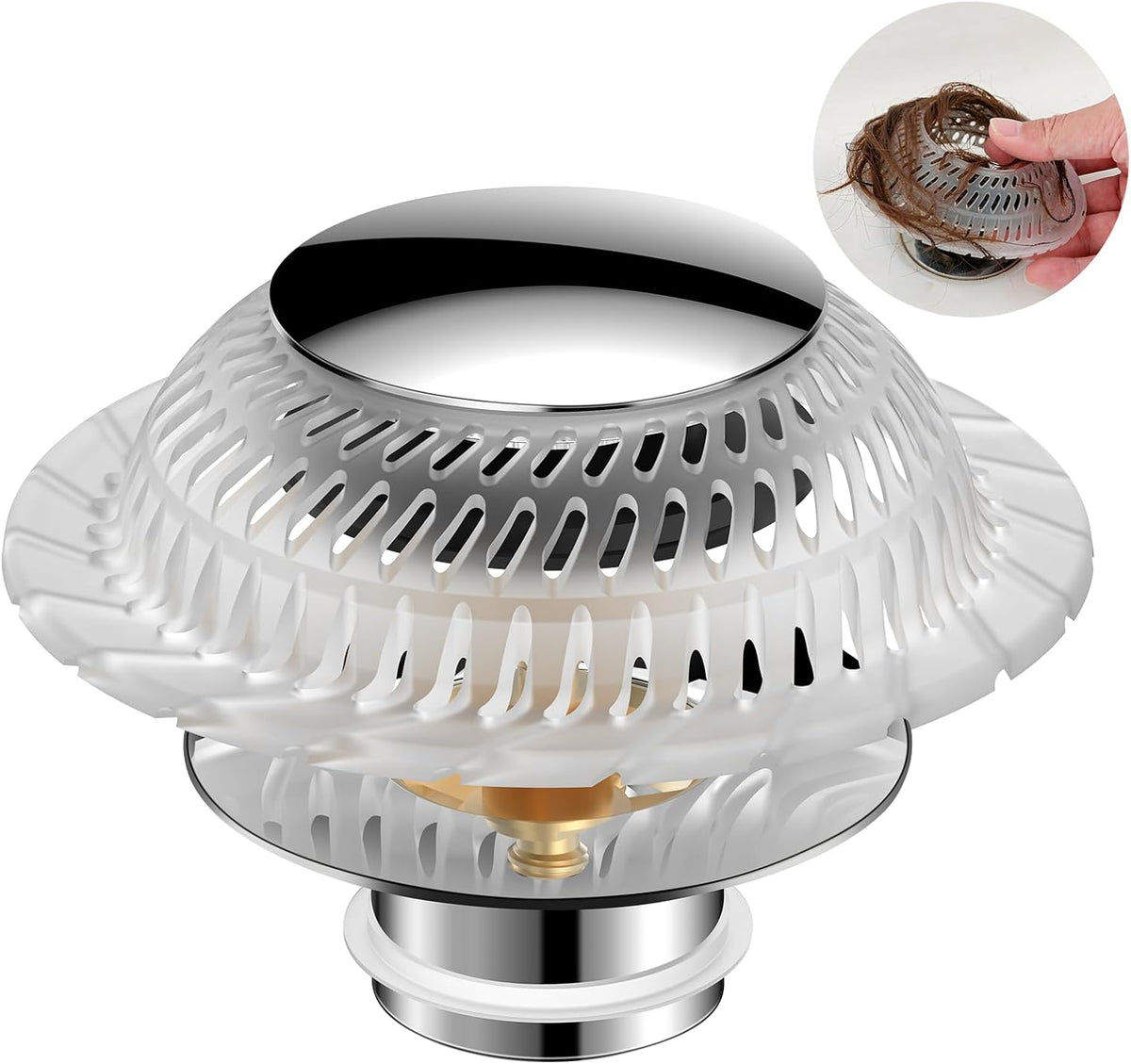Hair Catcher Drain Stopper for Bathtub, Pop-Up with Silicone Filter, 3-Layer Brass Rust-Proof, One-Button Seal & Drain, Fits Standard U.S. Drains (1-1/2” & 1-3/8”), No Tools Needed