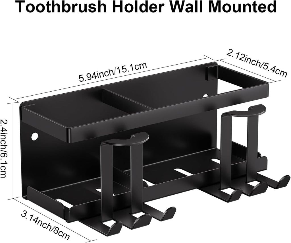 Wall Mounted Toothbrush Holders for Bathroom, Self Adhesive or Drill, Black