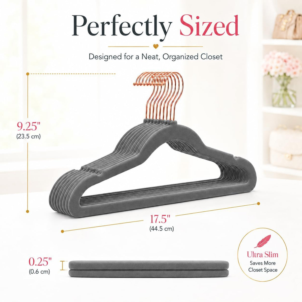 Smartor Grey Velvet Hangers 50 Pack, Non Slip Rose Gold Hook Felt Hangers