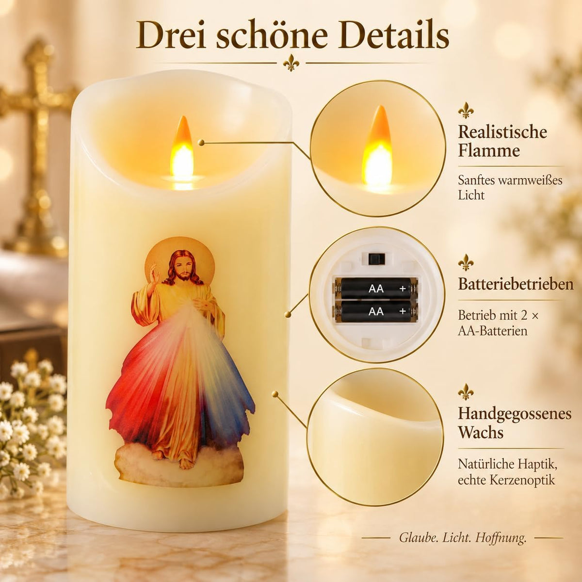 QQFCTOO LED Prayer Flameless Candle with Remote Timer, Battery Powered Candle, Religious Candle, Real Wax, for Home Altar, Church, Devotional,6" x 3.2"（Jesus