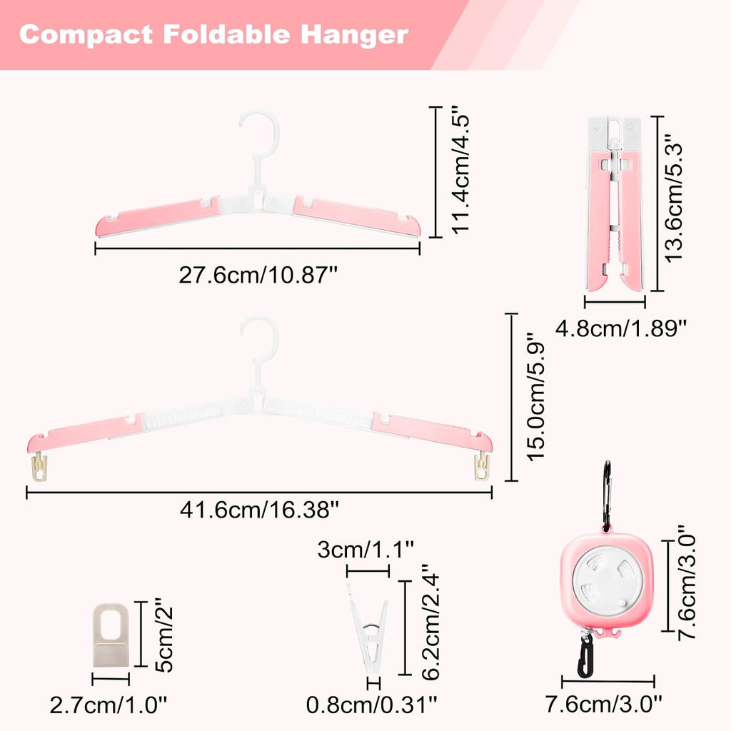 6 Pack Fodable Travel Hangers with Clips & Adjustable Clothesline, Portable Collapsible Hangers with Storage Bag for Suitcase, Hotel, RV, Cruise Essentials Set (Pink)