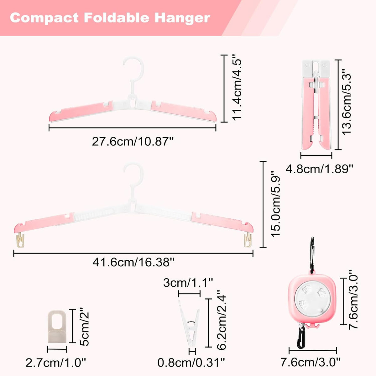 6 Pack Fodable Travel Hangers with Clips & Adjustable Clothesline, Portable Collapsible Hangers with Storage Bag for Suitcase, Hotel, RV, Cruise Essentials Set (Pink)