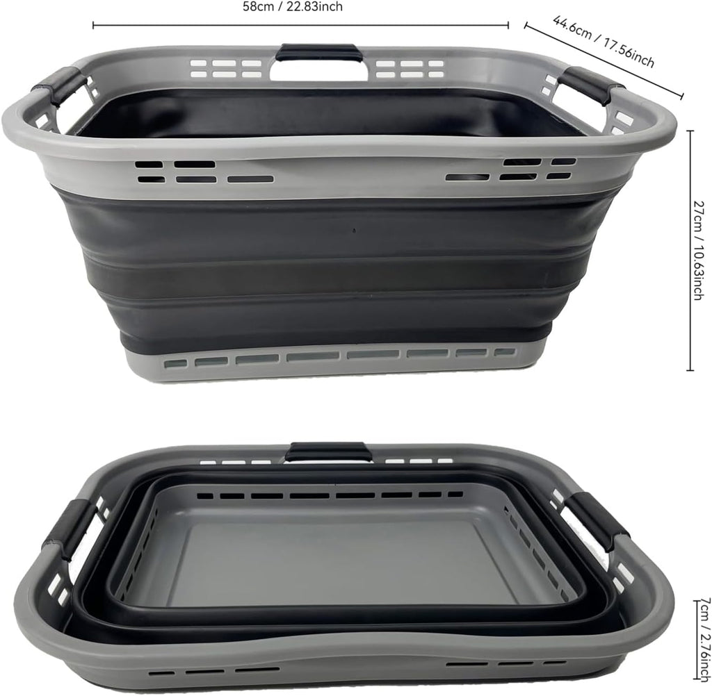 SAMMART Set of 2 Collapsible Plastic Storage Basket - Foldable Pop Up Storage Container - Portable Laundry Organizer - Space Saving Hamper (Grey/Black, 42L (Style A))