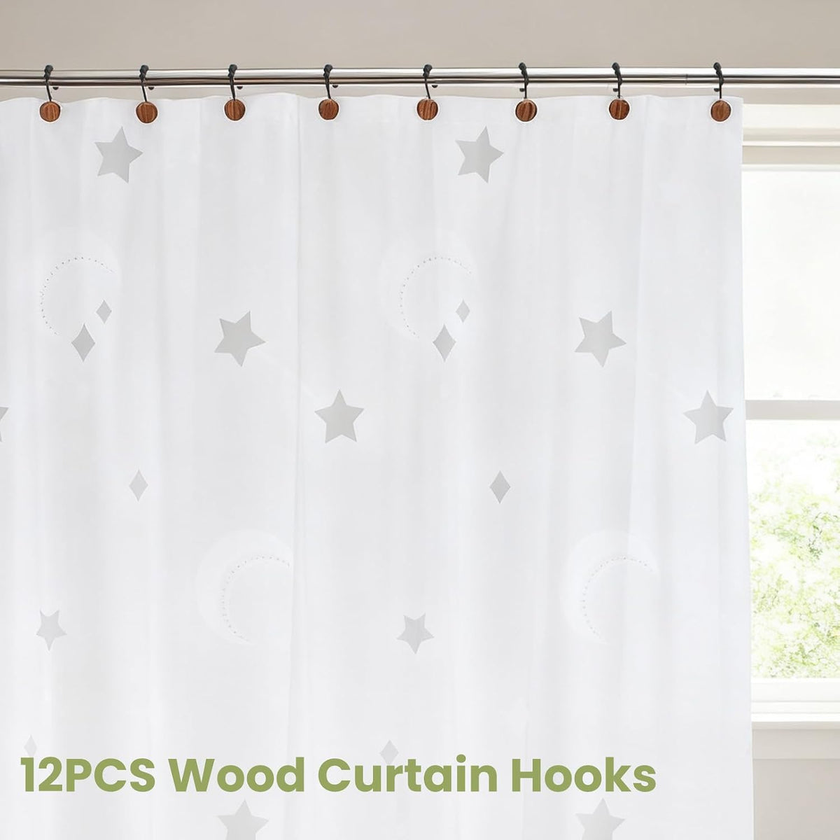 Wood Shower Curtain Hooks,Boho Shower Curtain Rings Decorative,Free Sliding Shower Hooks for Shower Curtain & Liners, Shower Curtain Hangers for Bathroom Shower Curtain Rods Curtains(Brown, 24)