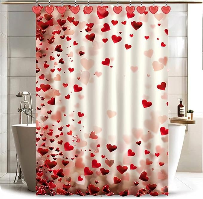 12 Pieces Heart Shaped Shower Curtain Hooks, Decorative Valentines Day Curtain Hooks,Stainless Steel Rust Resistant Curtain Rings, Red