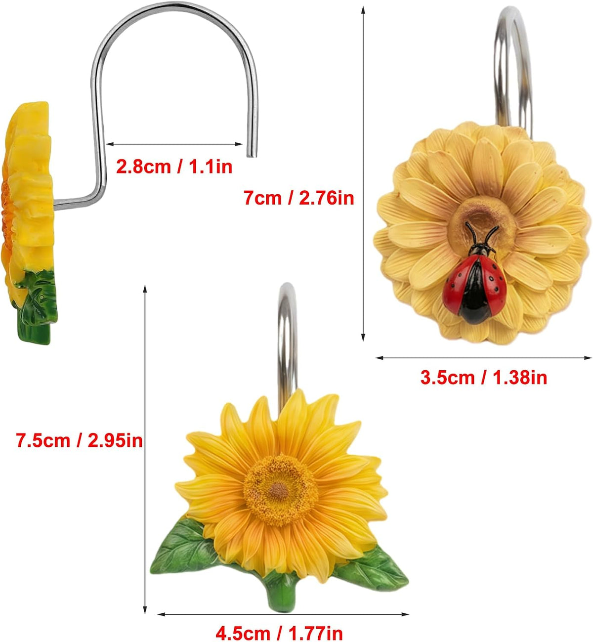 12PCS Sunflower Shower Curtain Hooks, Yellow Floral Ladybug Decorative Curtain Hanger, Metal Rustproof Shower Curtain Rod Ring for Bathroom Décor