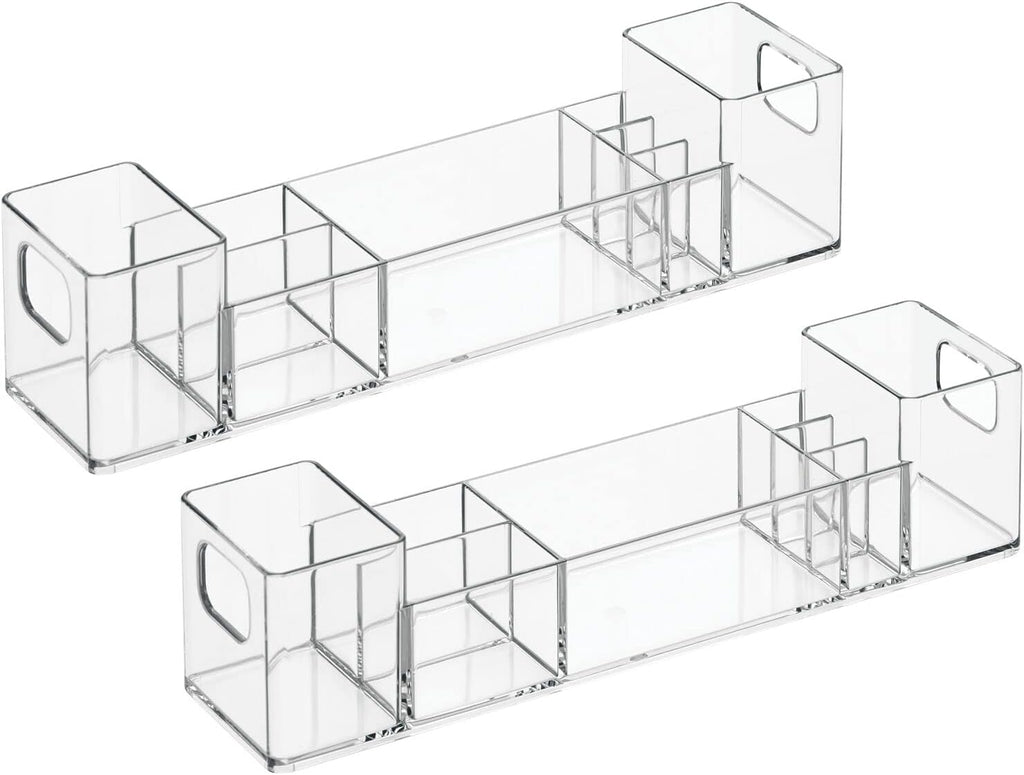 mDesign Plastic Bathroom Medicine Cabinet Organizer with Handles - Divided Vanity Storage Holder/Container for Cotton Swabs, Makeup, Bathroom Essentials/Toiletries, Lumiere Collection, 2 Pack - Clear