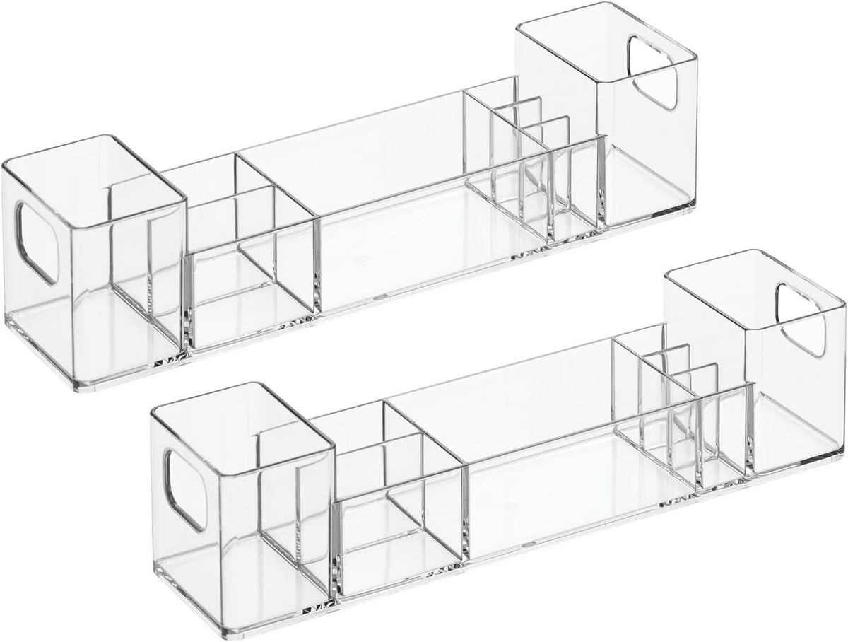 mDesign Plastic Bathroom Medicine Cabinet Organizer with Handles - Divided Vanity Storage Holder/Container for Cotton Swabs, Makeup, Bathroom Essentials/Toiletries, Lumiere Collection, 2 Pack - Clear
