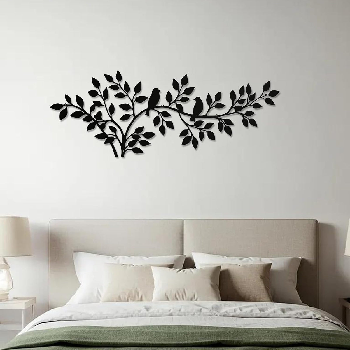 QZGXDECO 34Inch Metal Tree Leaf Birds on Branch Wall Decor Art,Black Vine Olive Branch Leaves with Bird Hanging Wall Sculpture for Home Balcony Living Room Bedroom Hallway Wall Decoration