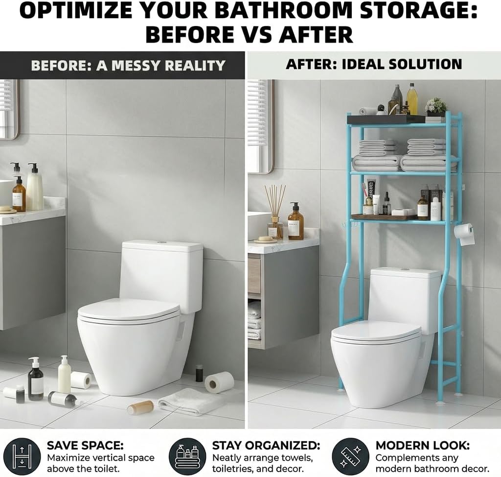 GloTika 3-Tier Over Toilet Storage Cabinet, No Drilling, 64" H, Blue