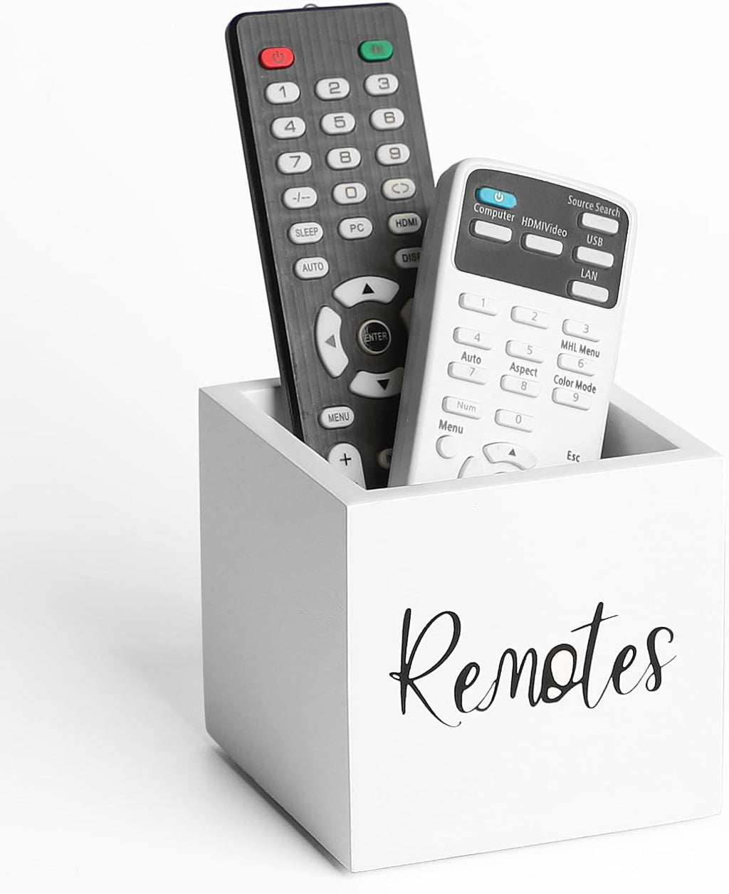 LBEMEY Wood Remote Control Holder, TV Remote Control Organizer for Home Bedroom Table, Multi-Purpose Desktop Storage (White, S,for 2 or 3 Remote Controls)
