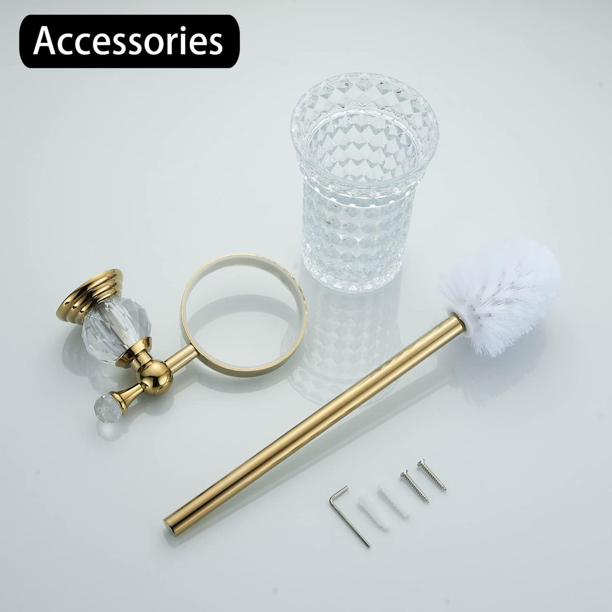 WOLIBEER Crystal Toilet Brush Holder, Polished Gold Brush Handle with Replaceable Brush Head, Stainless Steel Bathroom Cleaning Set Wall Mounted