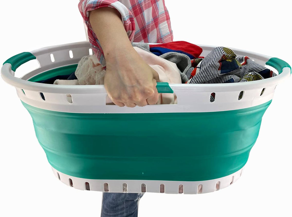 SAMMART 44L (11.6 gallon) Collapsible Plastic Laundry Basket - Foldable Pop Up Storage Container/Organizer - Portable Washing Tub - Space Saving Hamper/Basket (1, White/Bluish-Green)