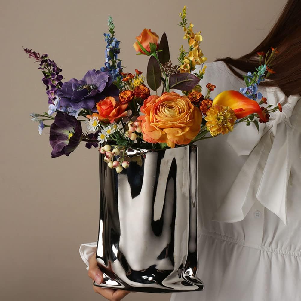 Purse Vase for Flowers, Modern Minimalist Metallic Luster Silver Ceramic Vase, for Home Decor, Table, Living Room Decoration, Shelf Decor, Mantel (Silver-Small)