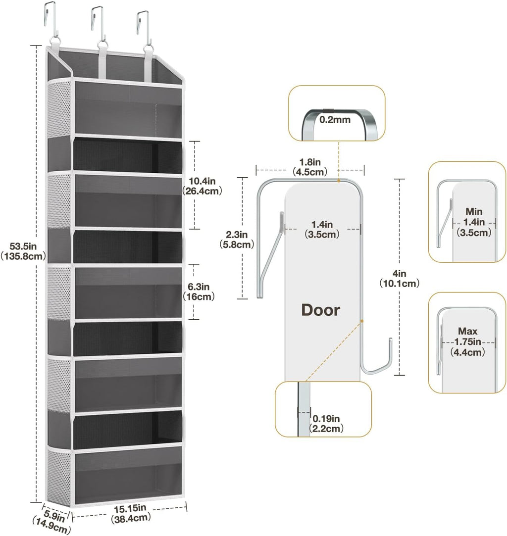 Over the Door Organizer with 5 Front & 10 MeshSide Pockets,Heavy Duty Hanging Storage Organizer 50LB Capacity Nursery & Bathroom Multi-Room Space-Saving Design with 3 Hook for Kitchen, Pantry,Grey