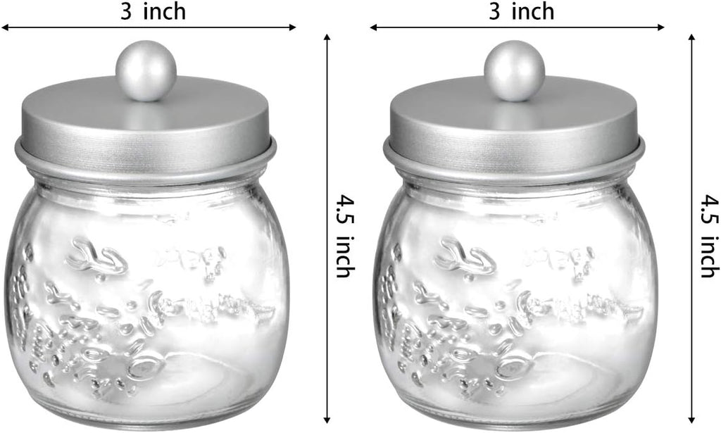 SheeChung 2 Pack Glass Mason Jar Qtip Holder Dispenser,Frosted Silver Lids