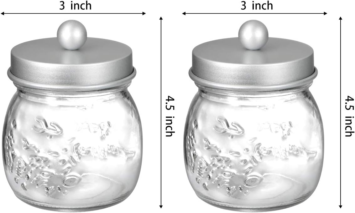 SheeChung 2 Pack Glass Mason Jar Qtip Holder Dispenser,Frosted Silver Lids