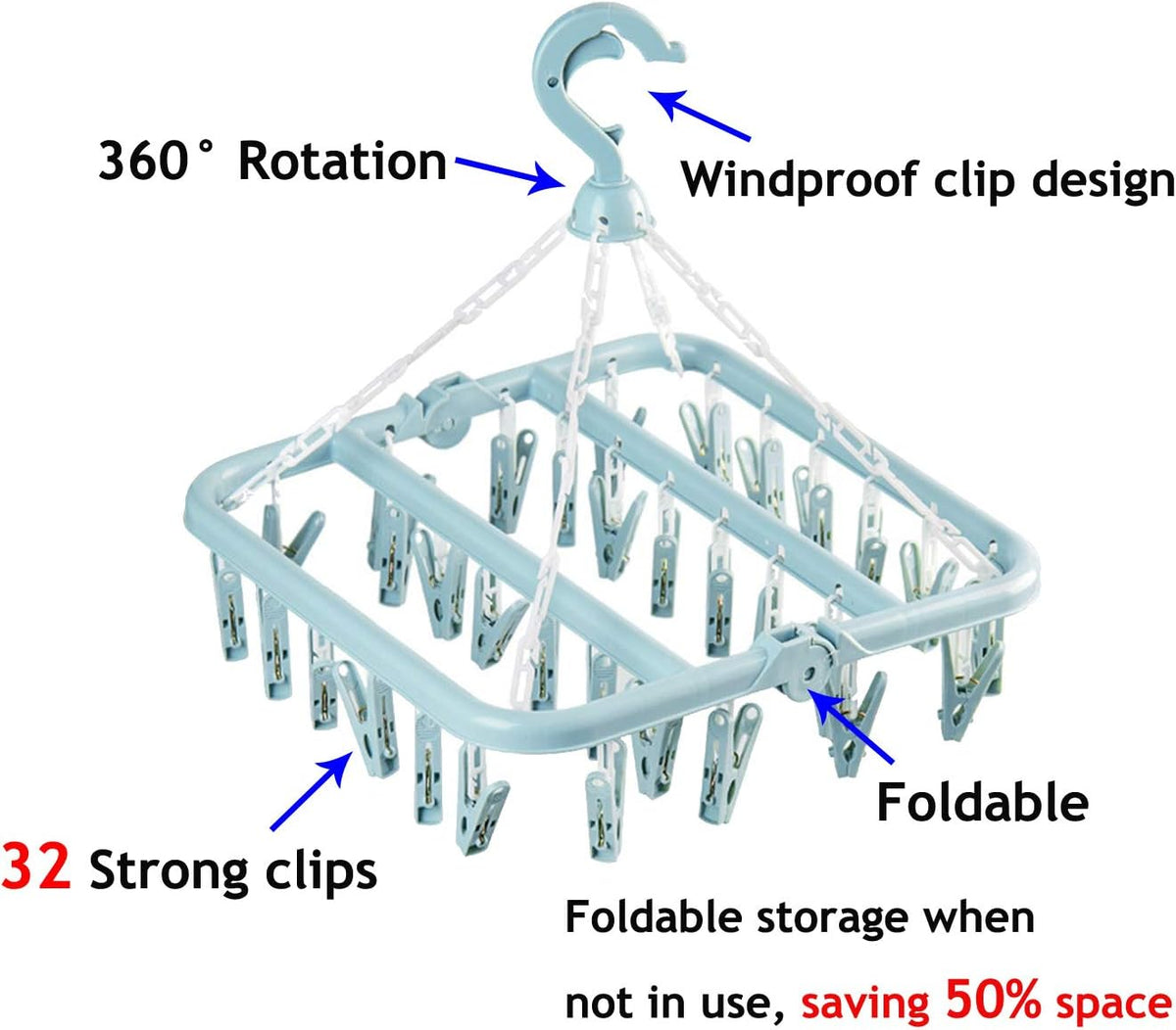 Laundry Hangers with 32 Clips,Clothespin Rack Foldable Laundry Drying Rack Drip Hanger for Drying Socks,Bras,Towel,Underwear,Hat,Scarf,Pants,Baby Clothes,Cloth Diapers,Gloves (Light Blue)