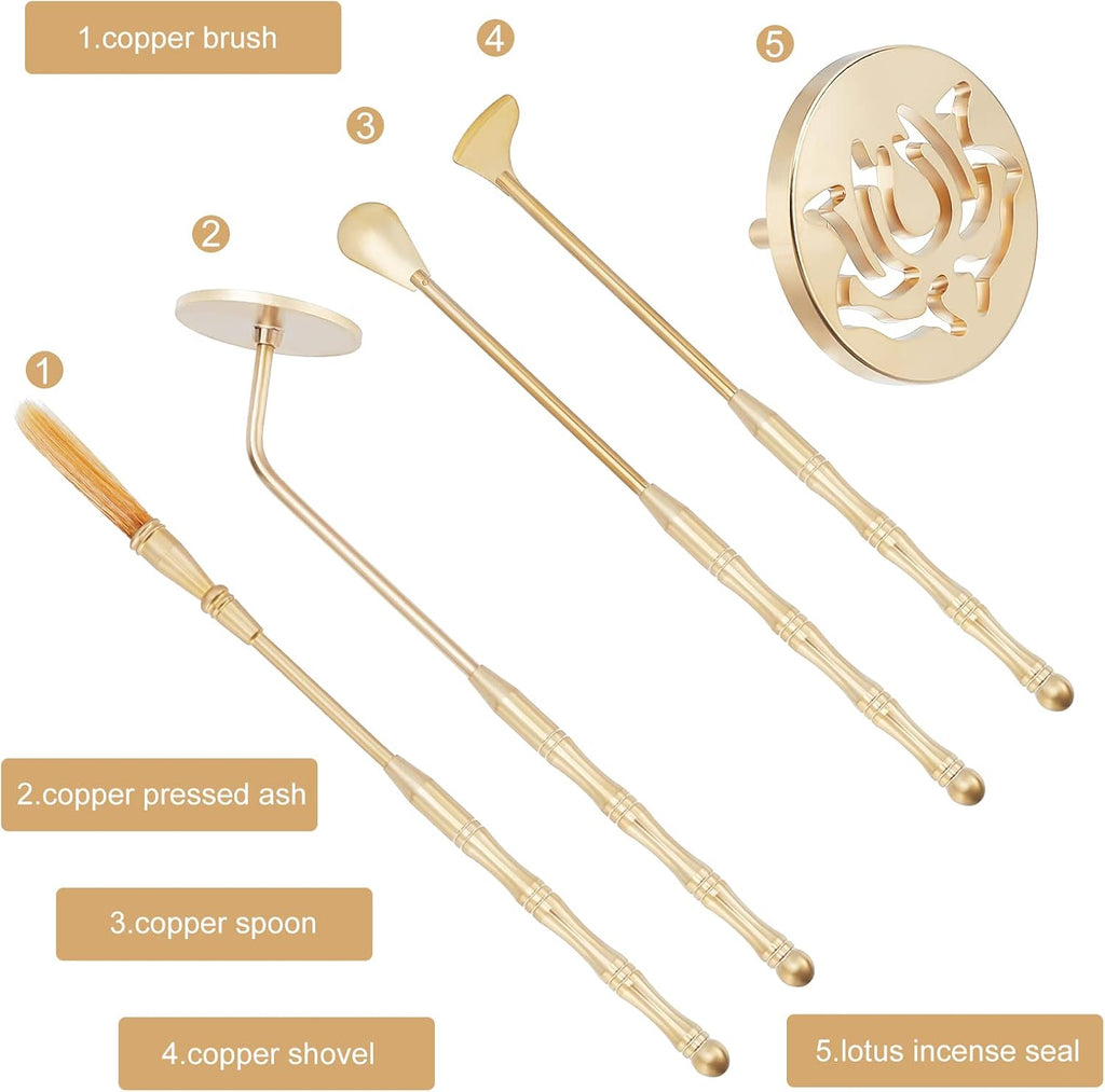 WEBEEDY 5Pcs Incense Making Kit, Brass Incense Tool Kit Set- Incense Spoon Incense Press Shovel Brush for Incense Burner Kit Incense Cone Bowl Prayer Fragrance