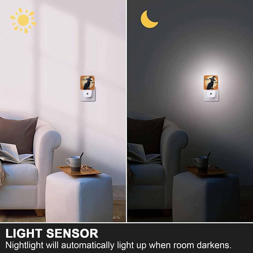 LED Night Light,Halloween Black Cat Silhouette LED Night Light Plug into Wall with Dusk to Dawn Light Sensor White Energy Efficient Nightlight for Bedroom Bathroom Hallway Living Room Kitchen