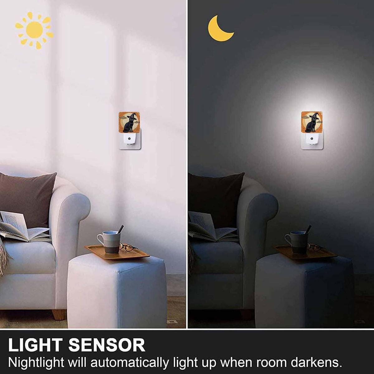 LED Night Light,Halloween Black Cat Silhouette LED Night Light Plug into Wall with Dusk to Dawn Light Sensor White Energy Efficient Nightlight for Bedroom Bathroom Hallway Living Room Kitchen