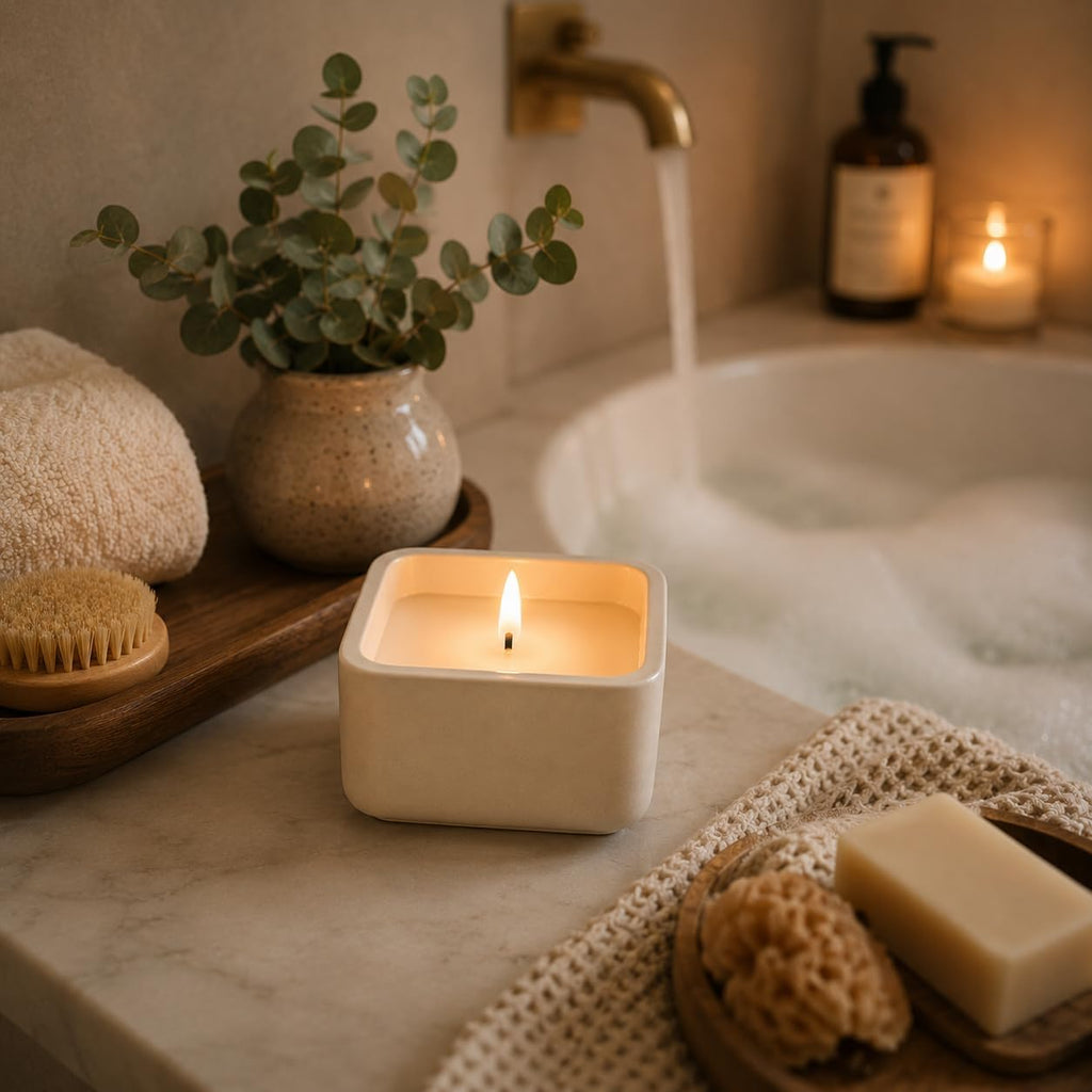 Flameless Candle - Square LED Candle with Real Wax in a Cement Base |Battery Operated, 500+ Hours | Housewarming Gift, Home Décor, Bathroom, Coffee Table (Ivory)