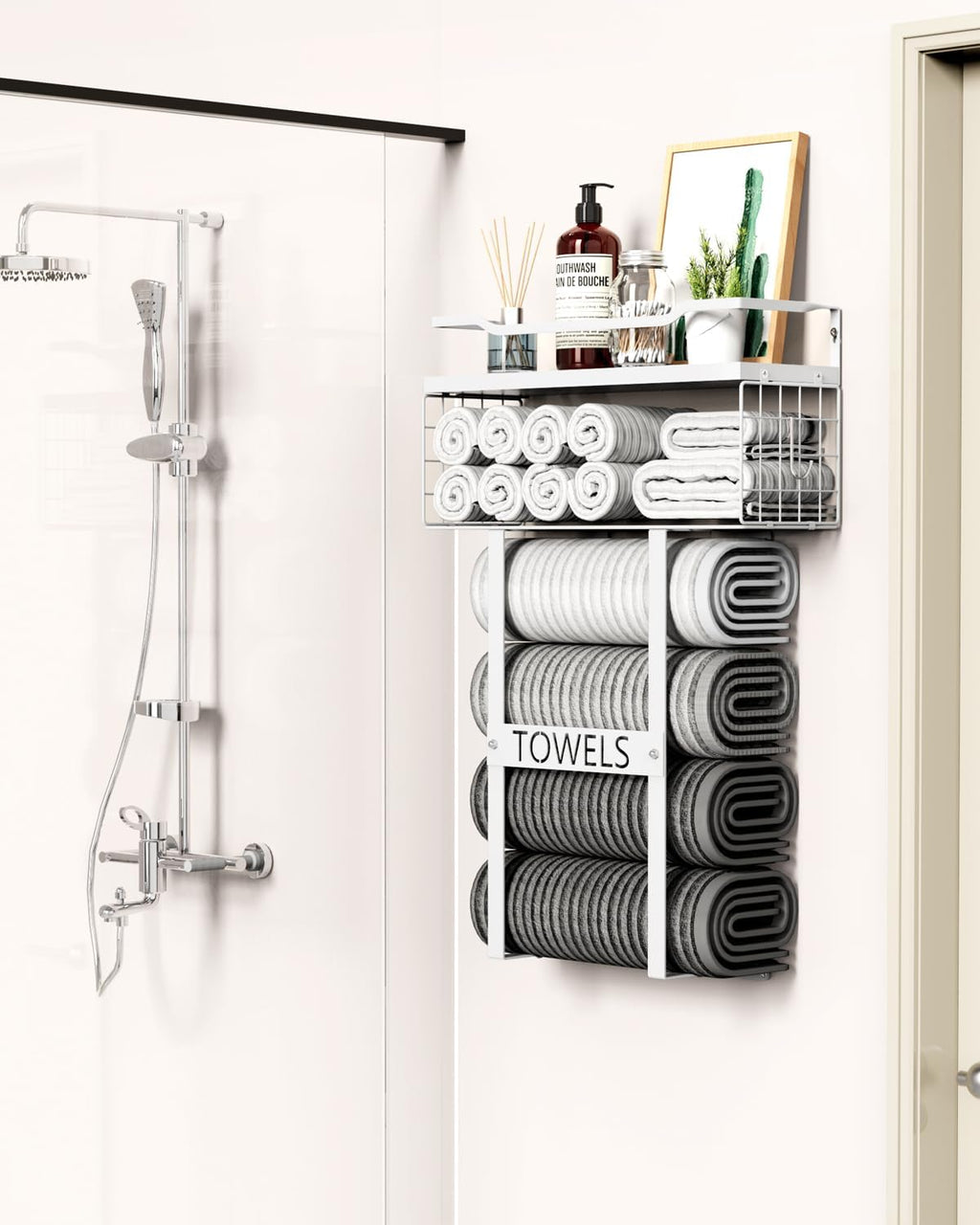 Towel Racks for Bathroom Wall Mounted - Bath Wall Towel Holder Set Above Toilet Storage, Rolled Towel Shelf Organizer for Small Bathroom All White, Wood Vertical Towel Rack for Bathroom Wall Decor