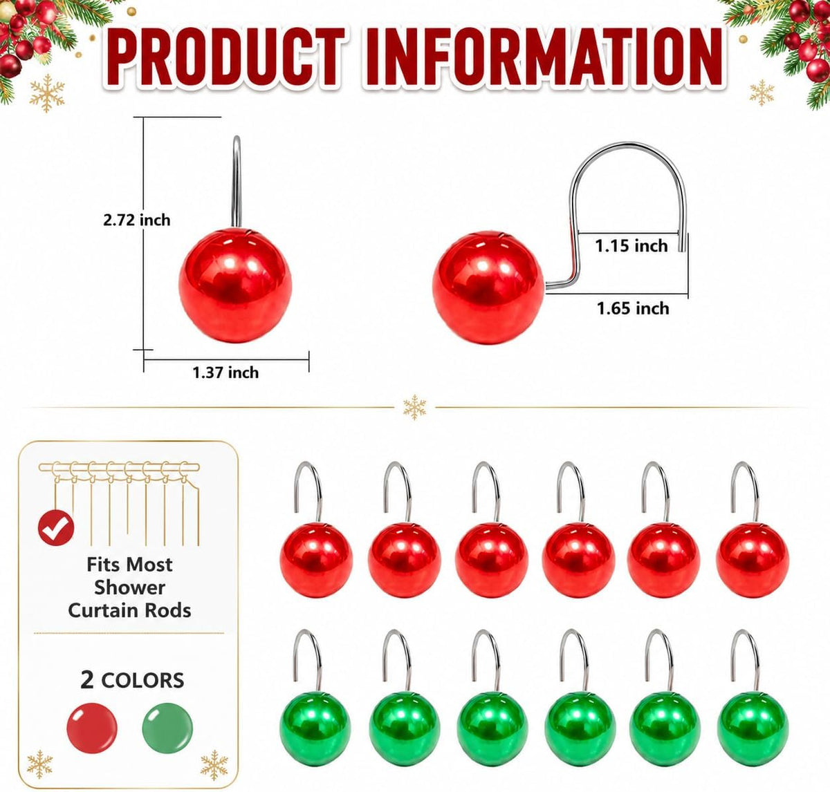 12 PCS Christmas Ball Shower Curtain Hooks Ball Ornament for Bathroom