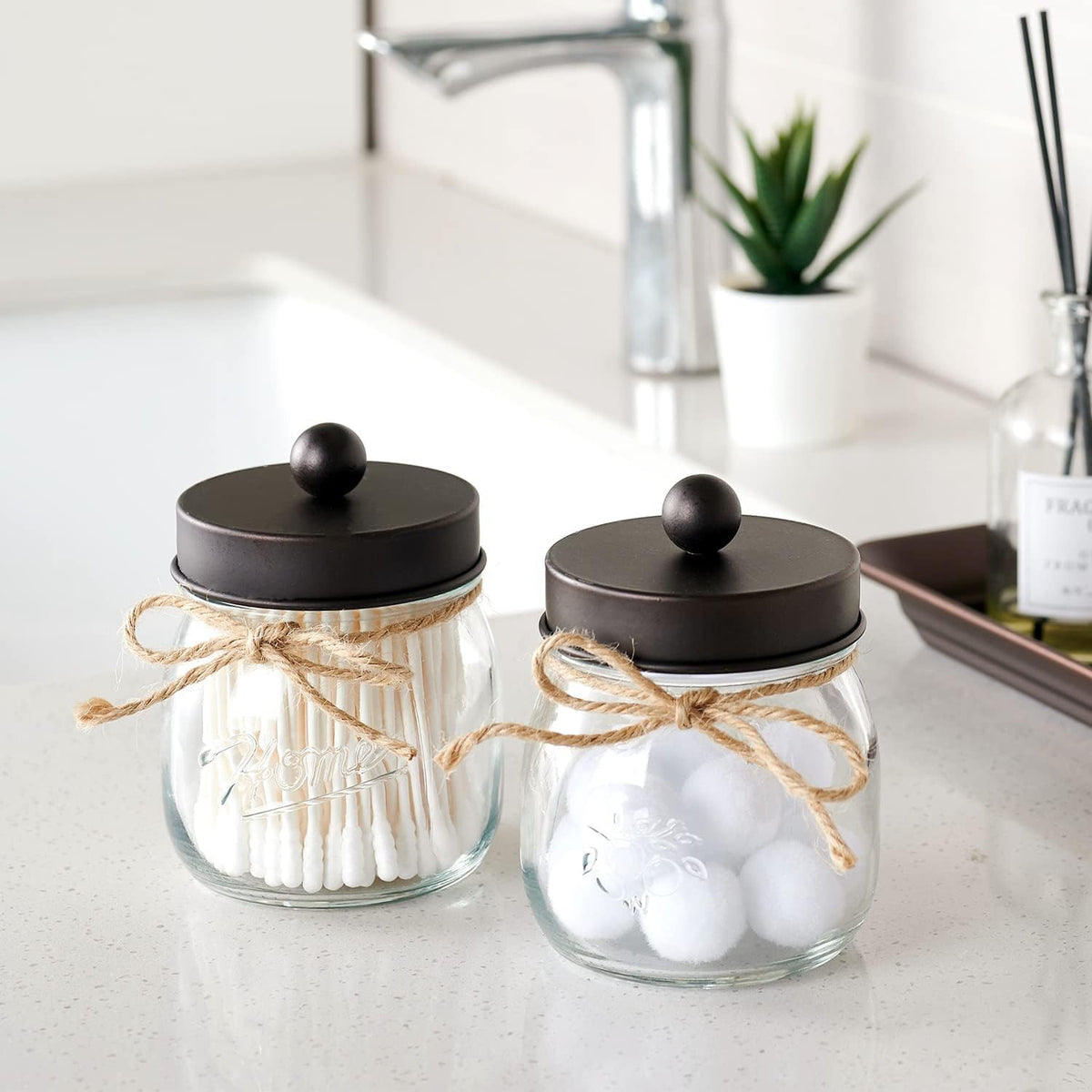 SheeChung 2 Pack Glass Mason Jar Qtip Holder,Bronze Stainless Steel Lids