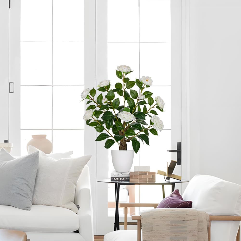 Hollyone White Artificial Camellia Tree 23.6" Flower Plants Artificial Tree Small Faux Camellia Plant in Pot Greenery Potted Plant for Indoor Outdoor Porch Front Door Office Home Decor