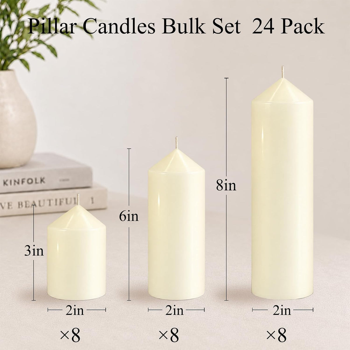 Pillar Candles Ivory Bulk 2x3 2x6 2x8 Inch, Unscented Candle, 24 Set