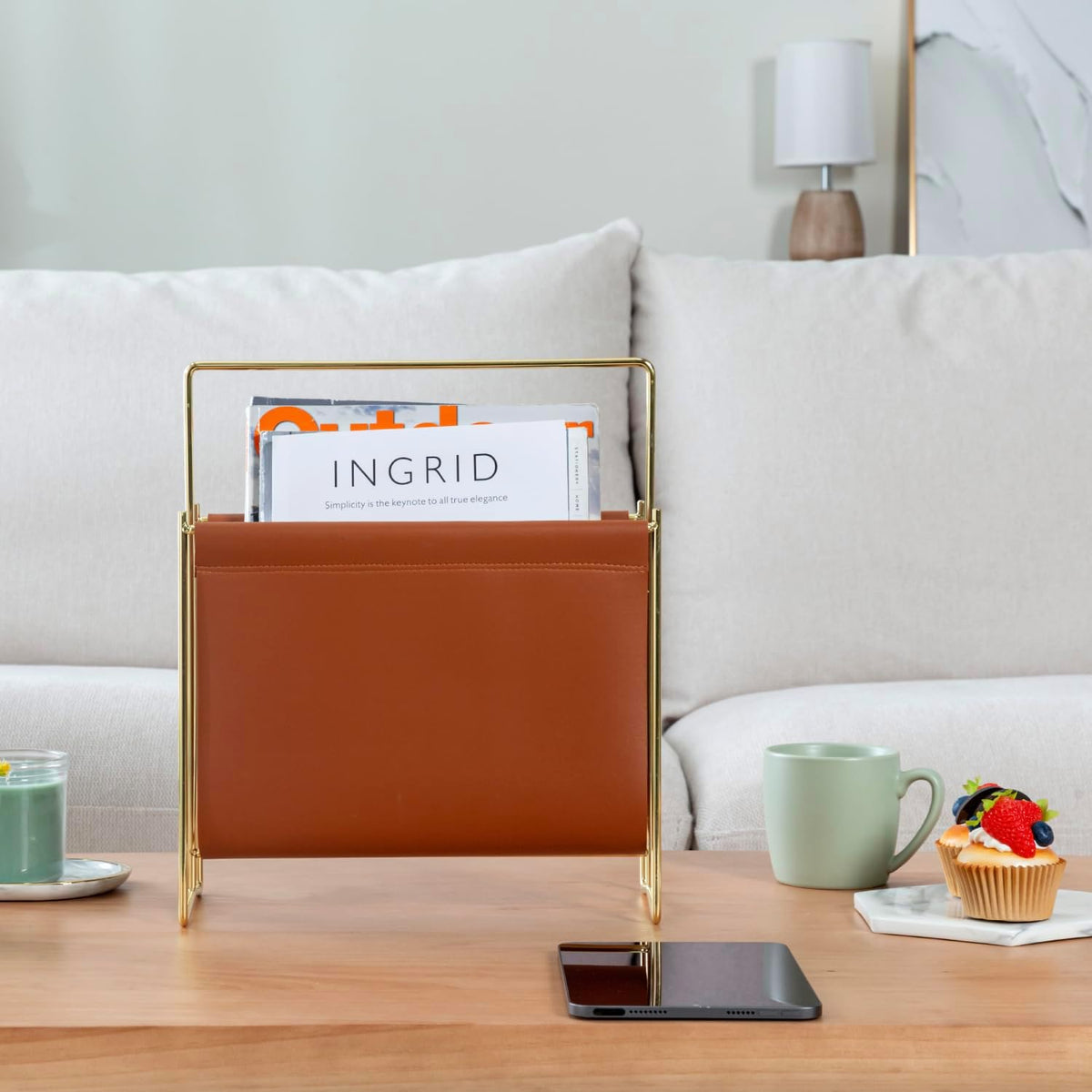 MyGift Caramel Leatherette Magazine Holder with Brass Metal Frame, 13 Inch