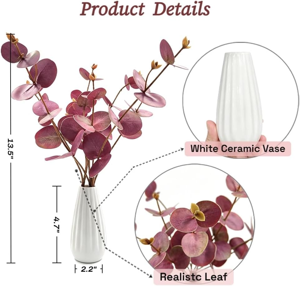Artificial Eucalyptus Stems with Ceramic Vase for Home Decor,Dusty Purple