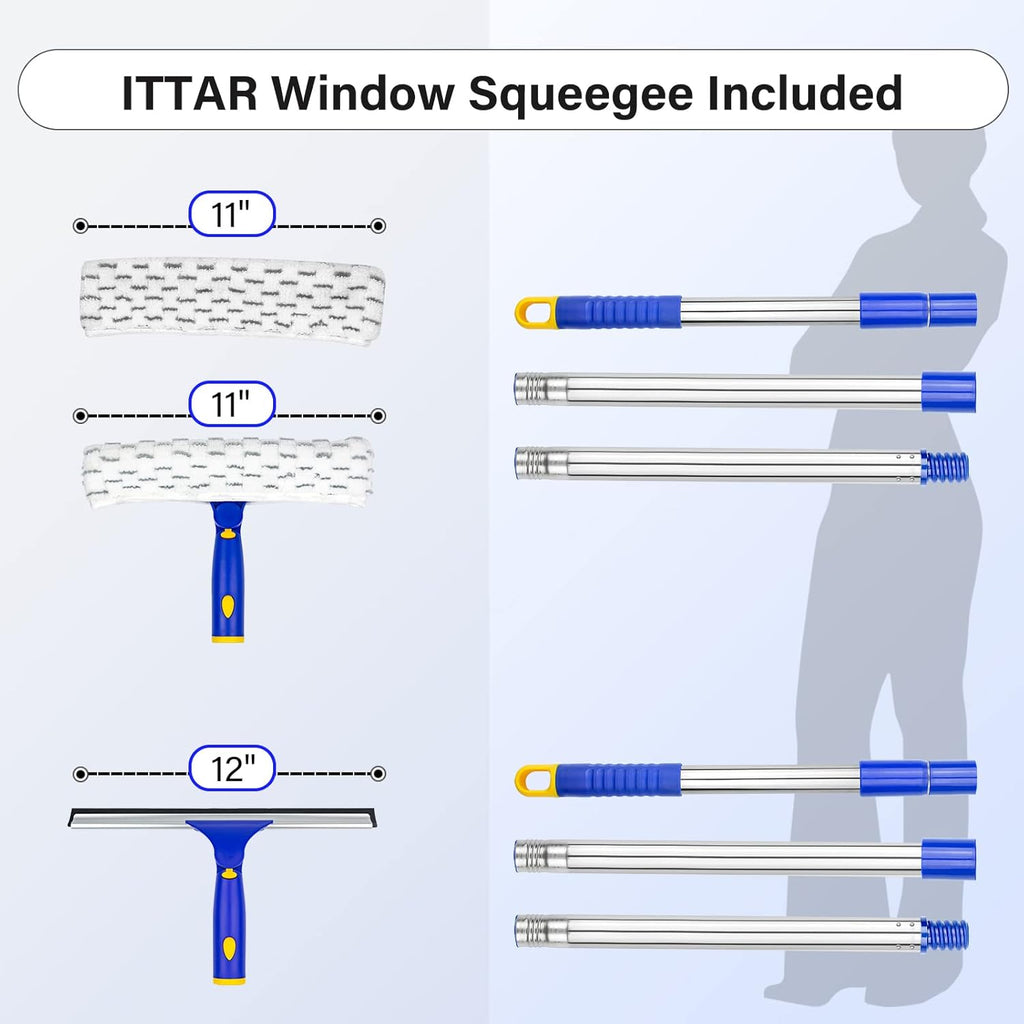 ITTAR Window Squeegee with 2 Sets Separate Pole, 12" Rubber Squeegee and 11" Microfiber Pads, 60"-73.6" Telescopic Window Cleaning Kit with Rotating Head for High Windows, Shower Glass, Car Windshield