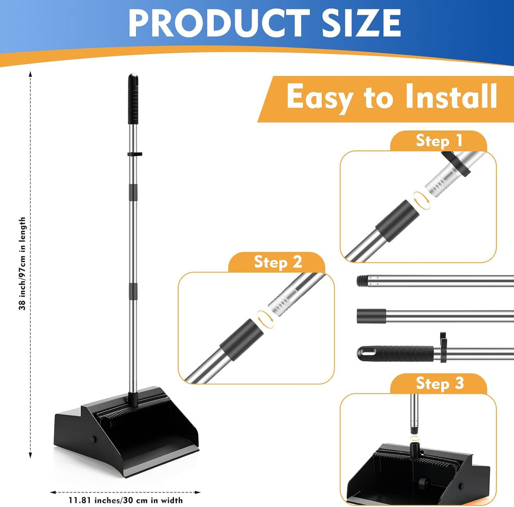 Didaey 1 Pcs Commercial Dustpan with Comb 38” Long Handle Upright Heavy Duty Dust Pan Outdoor Indoor for Courtyards Garages Lobby Mall Market Market Floors Office Pet Hair Rubbish Cleaning (Black)