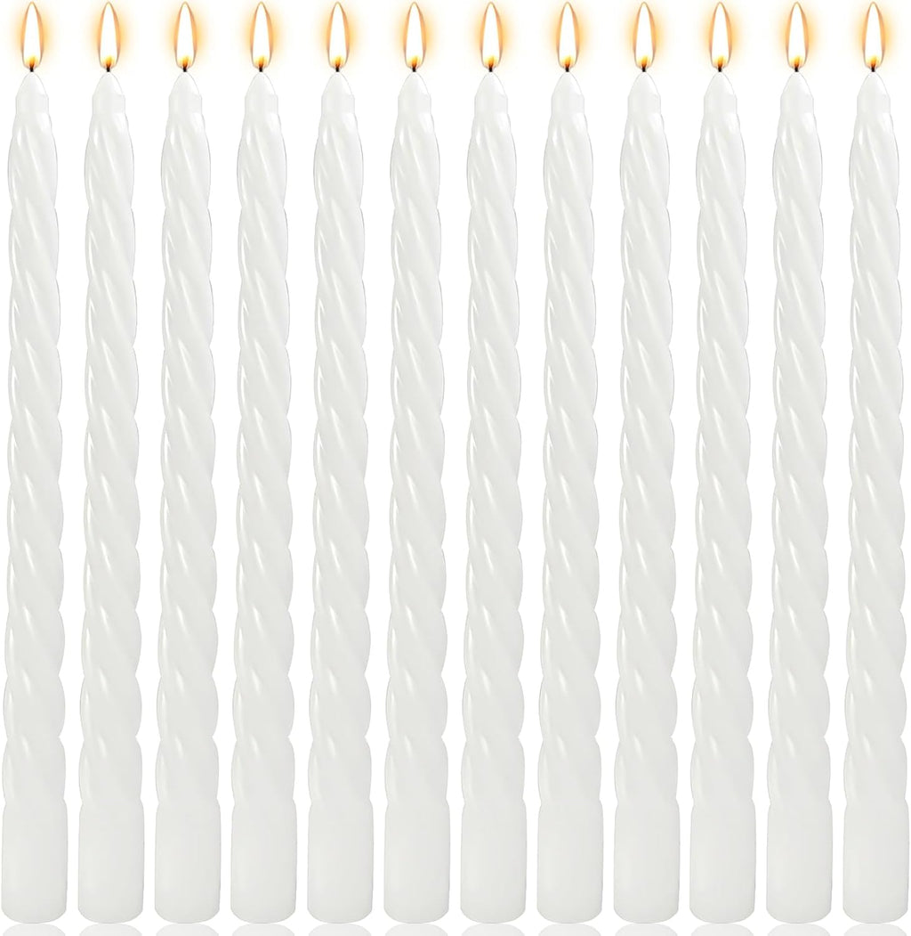 10 Inch White Twisted Spiral Taper Candles Set for Holiday Decor, 12 Pack Unscented Candlesticks, Dripelss Tapered Candles for Wedding Dinner Party Ceremony Religious